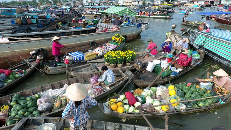 Visit Cai Rang floating market on a sampan boat tours in Vietnam
