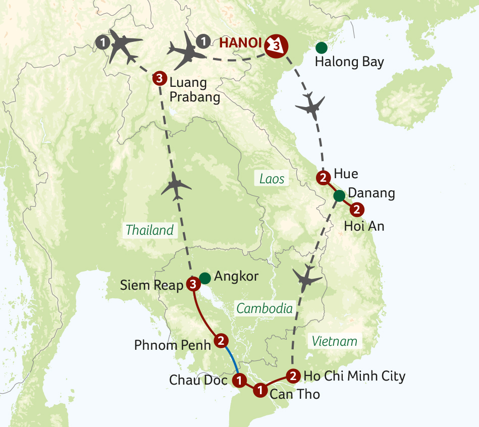 Vietnam, Cambodia and Laos Travel Map
