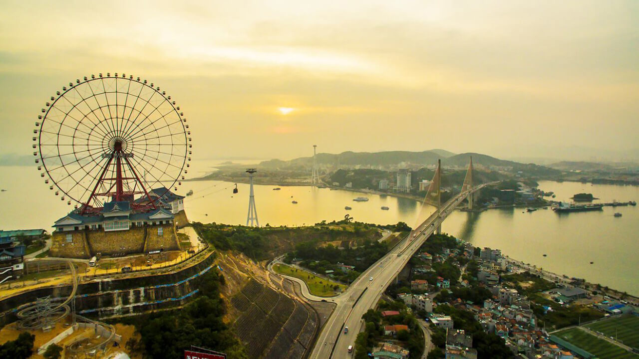 Aerial view of Sun World Halong park, with Sun Wheels and underwater