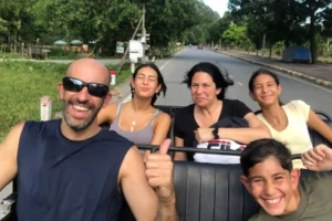 Tourists riding a jeep through the countryside of Ninh Binh Vietnam